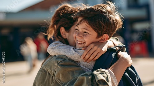 Young mother hugs son after his first day at school in joyful reunion outside the school building Generative AI