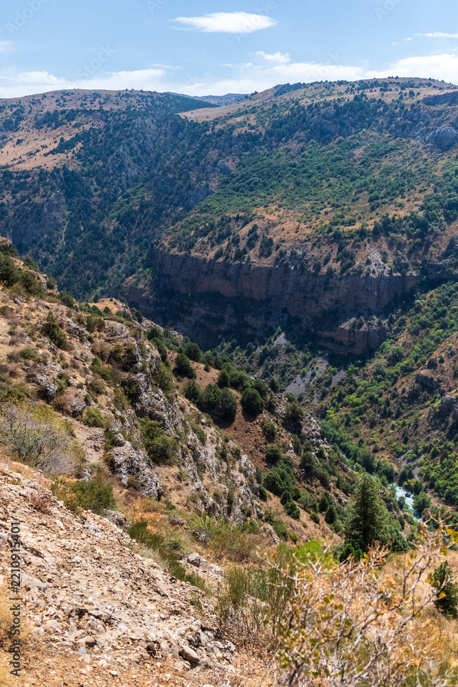Fototapeta premium An impressive scenic outlook over the Aksu Canyon and river, in the south of Kazakhstan.