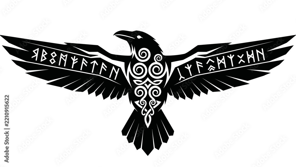 Fototapeta premium Viking Raven Design with Celtic Knotwork and Runes