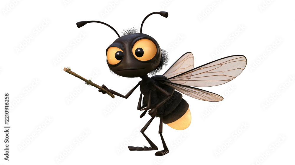 Fototapeta premium Cute cartoon firefly character holding a small twig with glowing abdomen against white background