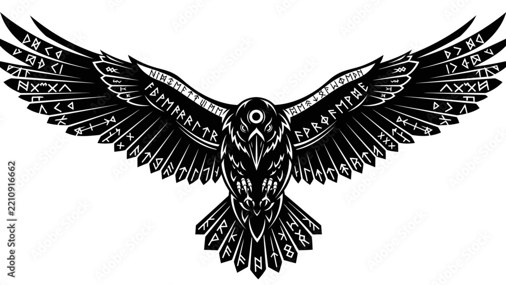 Fototapeta premium Norse Raven Symbol with Runes Vector Illustration