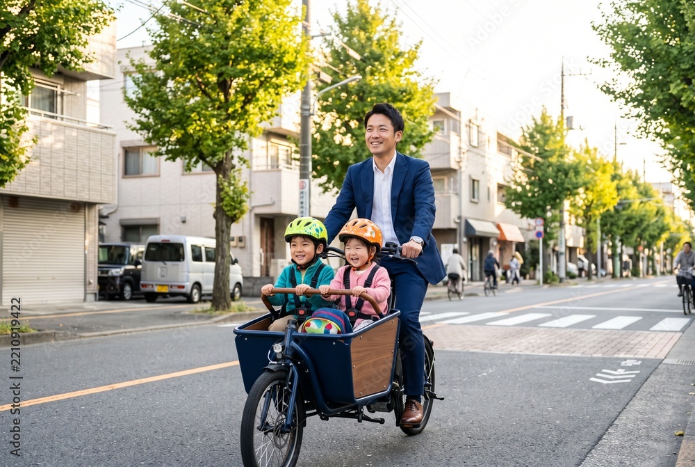 Obraz premium Businessman Father Dropping Kids on Cargo Bike