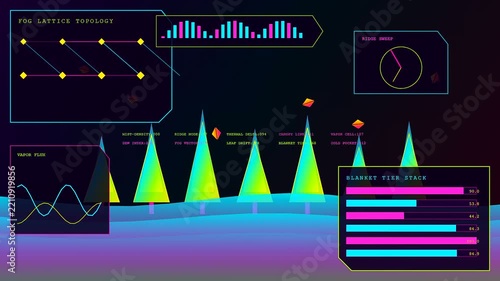 An autumn fog blanket surrounds neon triangle pine trees as glowing digital data interfaces oscillate across this immersive synthwave inspired landscape digital art motion graphics display