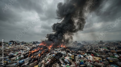 open burning of plastic waste at landfill site releasing thick black toxic smoke pollution