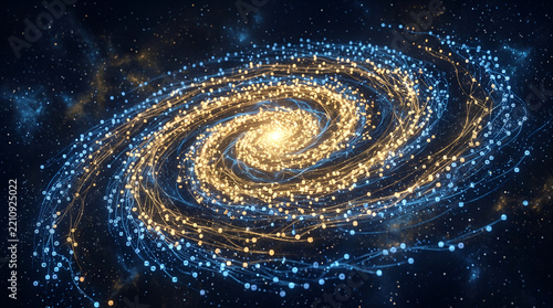Abstract spiral galaxy structure made of glowing blue and gold data network particles