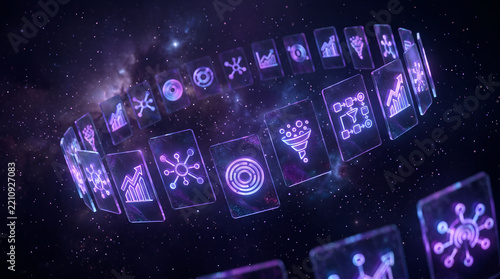 Data analytics icons floating in circle on purple galaxy space background
