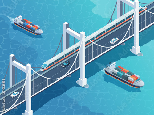 Isometric image of bridge and different transports, cargo ships, cars and train