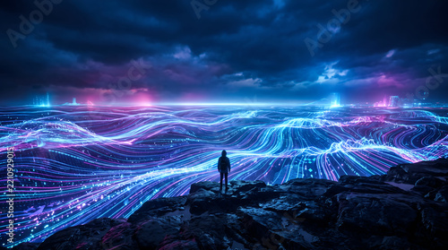 Person standing on a rocky cliff overlooking a futuristic digital data landscape horizon