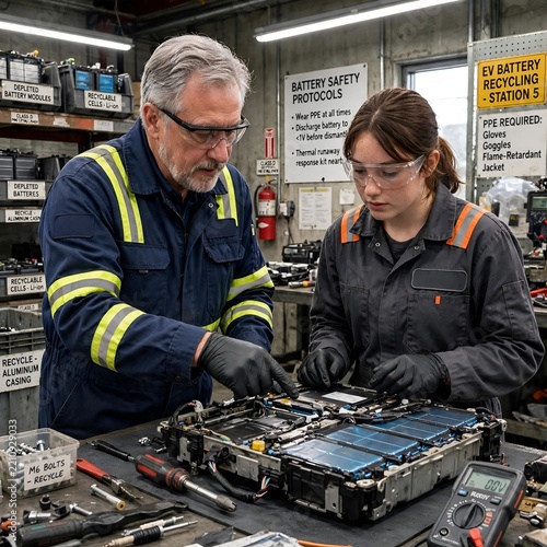 Senior engineer in teaching young female apprentice in  how to disassemble depleted EV battery module on workbench with tools, multimeter showing 00V, battery, safety protocols signs on wall