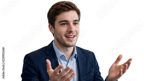 Young businessman talking and gesturing in presentation isolated on transparent PNG background