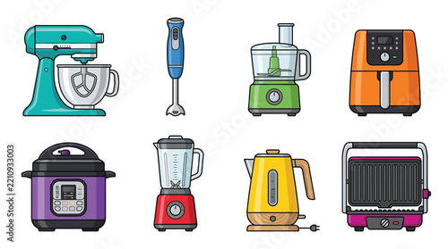 Collection of Modern Colorful Kitchen Appliances Icons - Stand Mixer, Air Fryer, Blender, Food Processor, Multi-cooker, Kettle, and Grill Set