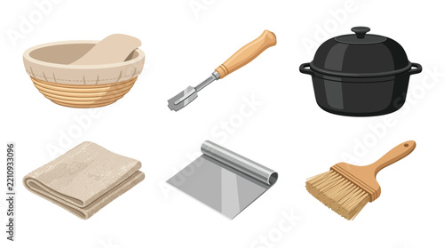 Artisanal Sourdough Bread Baking Tools Set - Illustration of Banneton Proofing Basket, Bread Lame, Cast Iron Dutch Oven, Dough Scraper, and Pastry Brush for Home Bakers