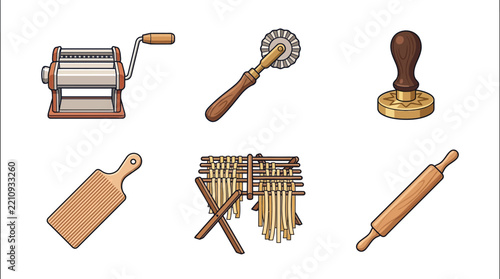 Traditional Italian Pasta Making Tools Vector Set - Manual Pasta Machine, Rolling Pin, Ravioli Stamp, and Drying Rack