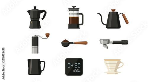 Modern Coffee Brewing Equipment Vector Set - Moka Pot, French Press, Pour Over, Grinder, and Barista Tools Icons for Specialty Coffee Cafe Branding