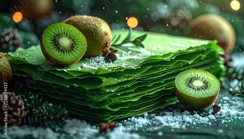 Kiwi Green Layered Paper with Kiwi Slices in Christmas Winter Scene
