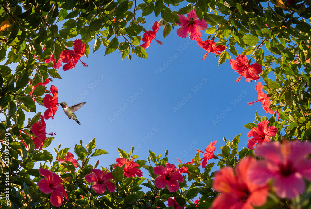 Fototapeta premium Hibiscus Flowers Framing a Blue Sky