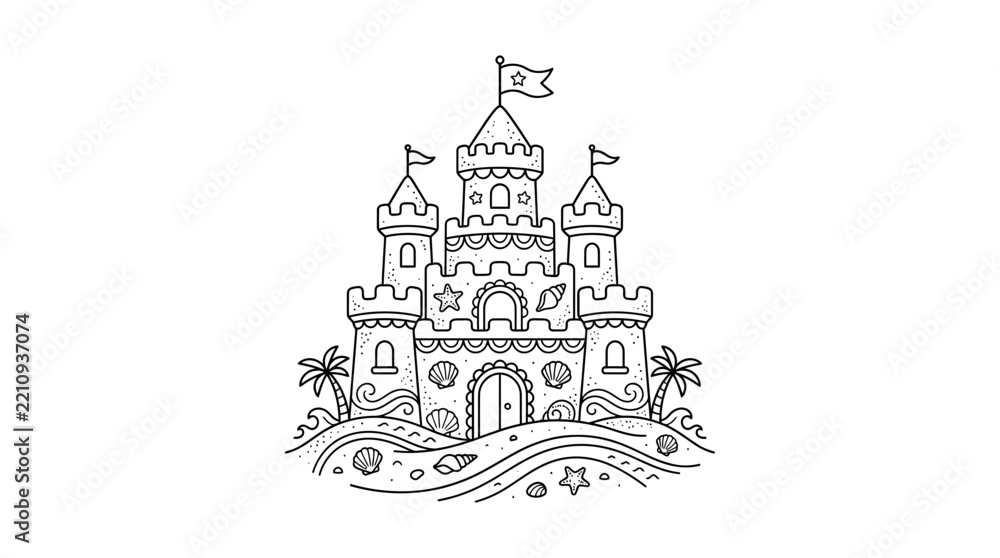 Obraz premium Hand-drawn sandcastle on beach, isolated