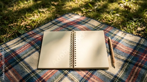 Open Notebook on Plaid Blanket in Sunny Park