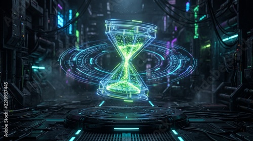 Holographic digital hourglass floating above a dark platform with luminous lime particles and futuristic interface rings, advanced time technology concept