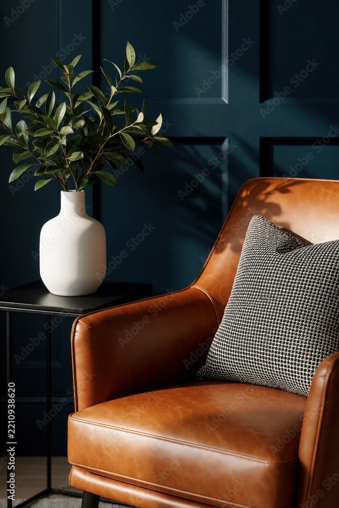 Naklejka premium Modern reading nook with brown leather armchair, grey patterned pillow. White ceramic vase with green plant sits on small black side table. Dark blue wall creates moody atmosphere in stylish