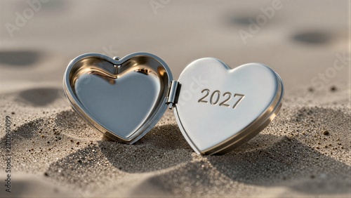 Heart-shaped locket engraved '2027' rests open on sandy beach.