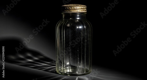Vintage empty ribbed glass jar with rusty metal lid under dramatic lighting casting beautiful patterns of light reflection on dark background