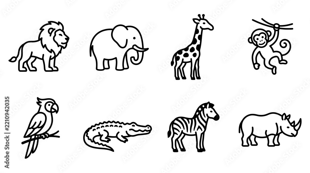 Obraz premium Collection of Safari Animal Icons Isolated on White