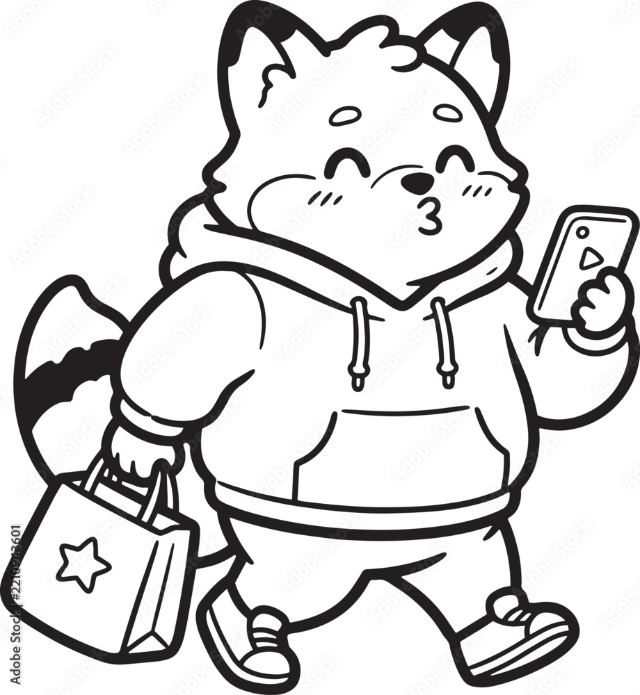Fototapeta premium cute and cool animal cartoon character with emotional face cozy outline colorless transparent background