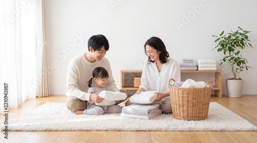 家族で一緒に洗濯物をたたむ幸せな時間の瞬間風景｜室内リビングでの家事シーン女性子供男性家族