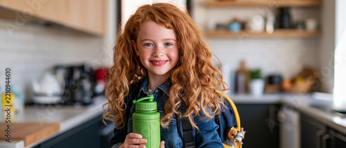A young girl with bright red curly hair smiles as she holds a green water bottle and wears a backpack, ready for school