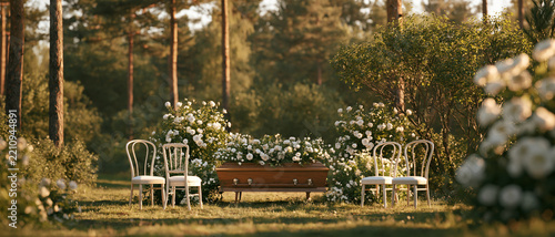 A somber scene of an open casket adorned with white flowers, set amidst a serene forest clearing. Two empty chairs flank the coffin, inviting reflection in the tranquil woodland setting