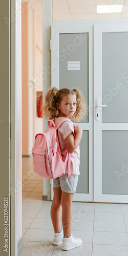 A young girl with curly hair and a pink backpack stands in a school hallway, looking back over her shoulder. She appears ready for school