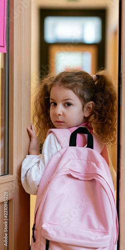 A young girl with curly hair and pigtails, wearing a pink backpack, peeks around a doorframe with a curious expression