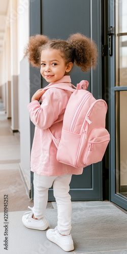 A young girl with curly hair in pigtails, wearing a pink coat and carrying a pink backpack, smiles back over her shoulder, ready for school.