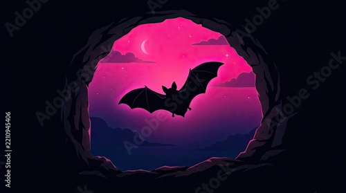 Stylized Bat Silhouette Flying Out of a Dark Cave Entrance into a Vibrant Pink and Purple Night Sky with Crescent Moon