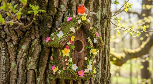 Decorative floral birdhouse with a robin perched on a tree trunk in