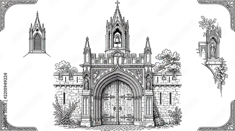 Fototapeta premium Gothic Castle Gatehouse Architectural Illustration