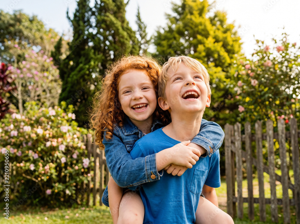 Fototapeta premium Happy young blonde boy giving his cheerful curly red-haired sister a piggyback ride in a sunny backyard garden, laughing together with pure joy during a bright summer day of playful childhood fun.
