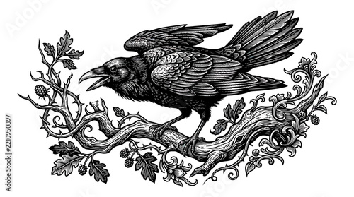 Detailed illustration of a crow perched on a thorny branch