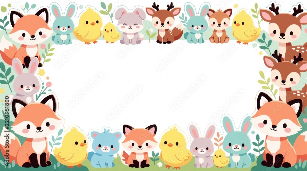 Obraz premium Cute baby woodland animals frame with fox, bunny, deer, chicks. Adorable forest wildlife border on pastel background. Empty white copy space for nursery poster, baby shower invitation kids birthday