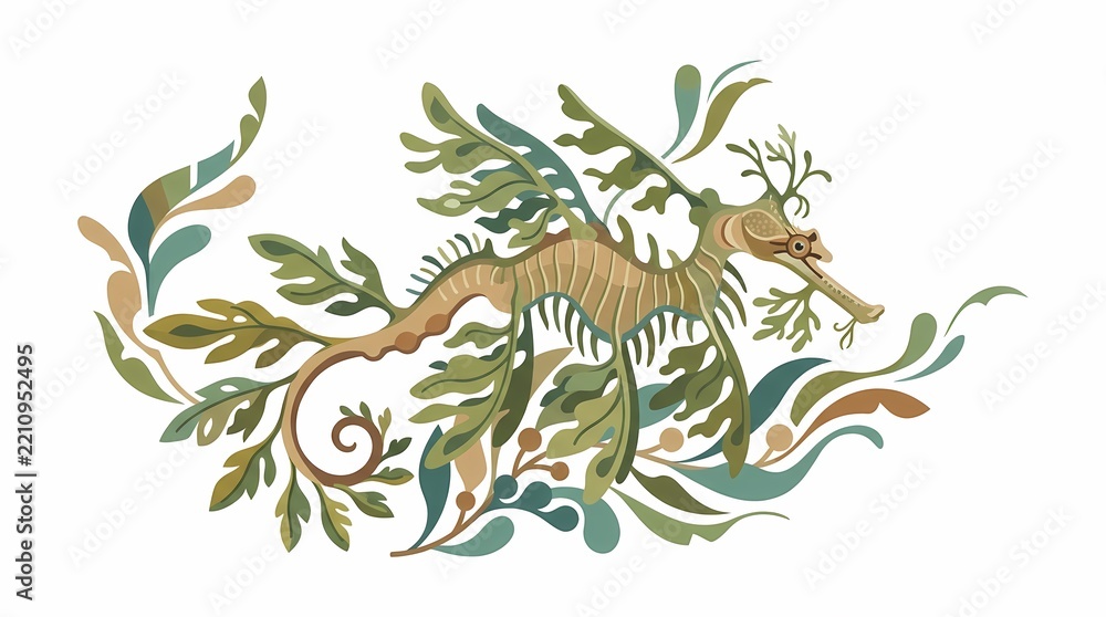 Fototapeta premium Watercolor illustration of a leafy seadragon surrounded by decorative aquatic flora.