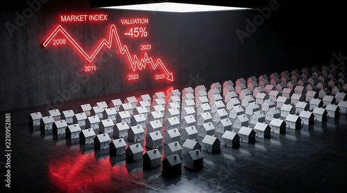 Global Real Estate Market Crash and Valuation Drop Illustrated by Red Neon Chart and House Models