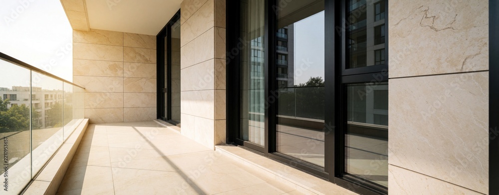 Fototapeta premium Empty modern balcony with beige stone tiles, black window frames. Small terrace in luxury apartment building offers city view. Minimalist exterior space with copy space for text. Contemporary