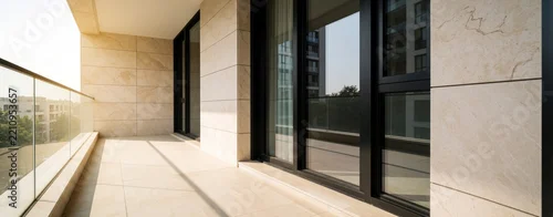 Panel kuchenny z motywem Empty modern balcony with beige stone tiles, black window frames. Small terrace in luxury apartment building offers city view. Minimalist exterior space with copy space for text. Contemporary