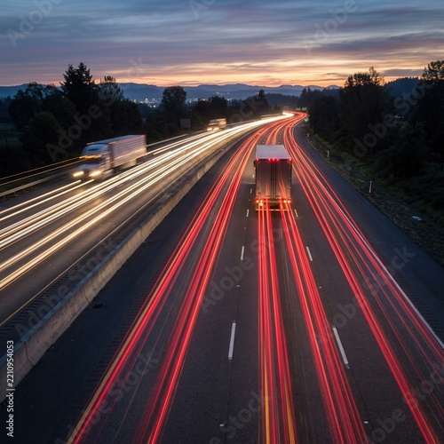 Long Exposure Highway Traffic at Dusk with Light Trails Trucks on the Road