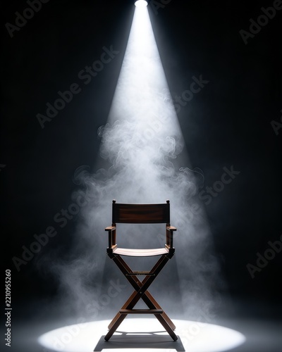 Classic wooden director chair illuminated by a dramatic spotlight against a black background, symbolizing leadership, fame, performance, and recognition.