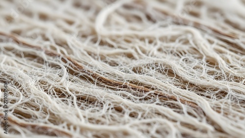 Intricate macro view of natural plant fibers revealing a detailed, interconnected web of organic material, highlighting texture and raw substance