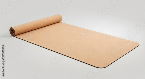 Beige yoga mat partially unrolled on a clean white background, minimalist fitness and wellness concept