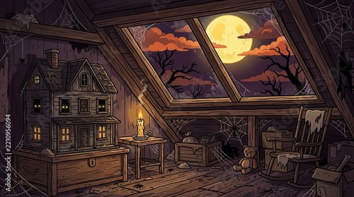 Spooky Attic Illustration with Haunted Dollhouse and Full Moon View for Halloween Background