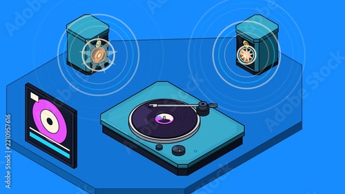Bold 2D isometric comic-book animation of a premium turntable and two high-end bookshelf speakers with mechanical tonearm movement, spinning vinyl, pumping woofers and graphic pop-art sound waves.